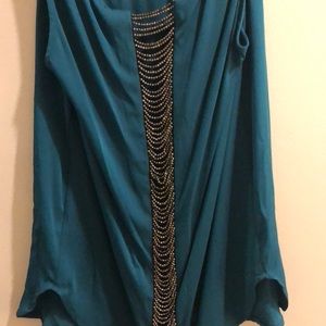 Teal silk blouse,dark grey beading open back. 🖤